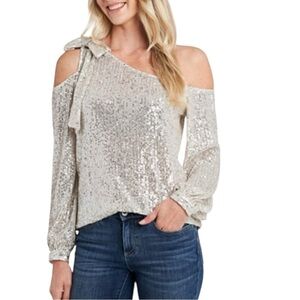 CeCe Champagne Silver Sequin Cold Shoulder Top Large